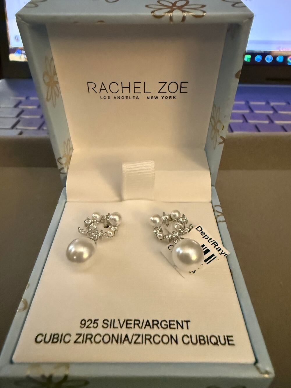 Rachel Zoe 925 Sterling Silver CZ Pearl Look Drop Earrings New in Box